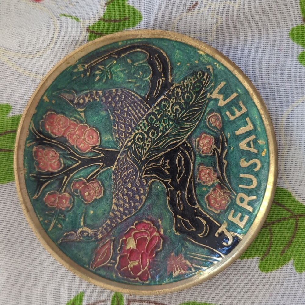 Artistic Jerusalem Ceramic Plate Green & Pink Design